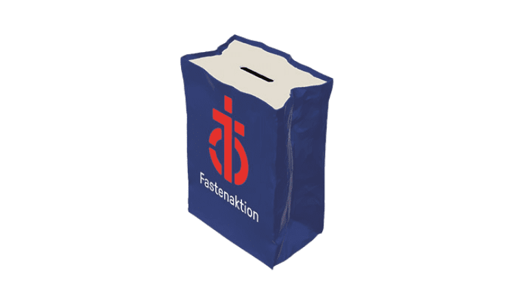 AKTION: Sammelkasse «Fastensäckli» 18 x 10 x 25 cm, 3-D Digitaldruck für Suppentage, Sammelaktionen usw.